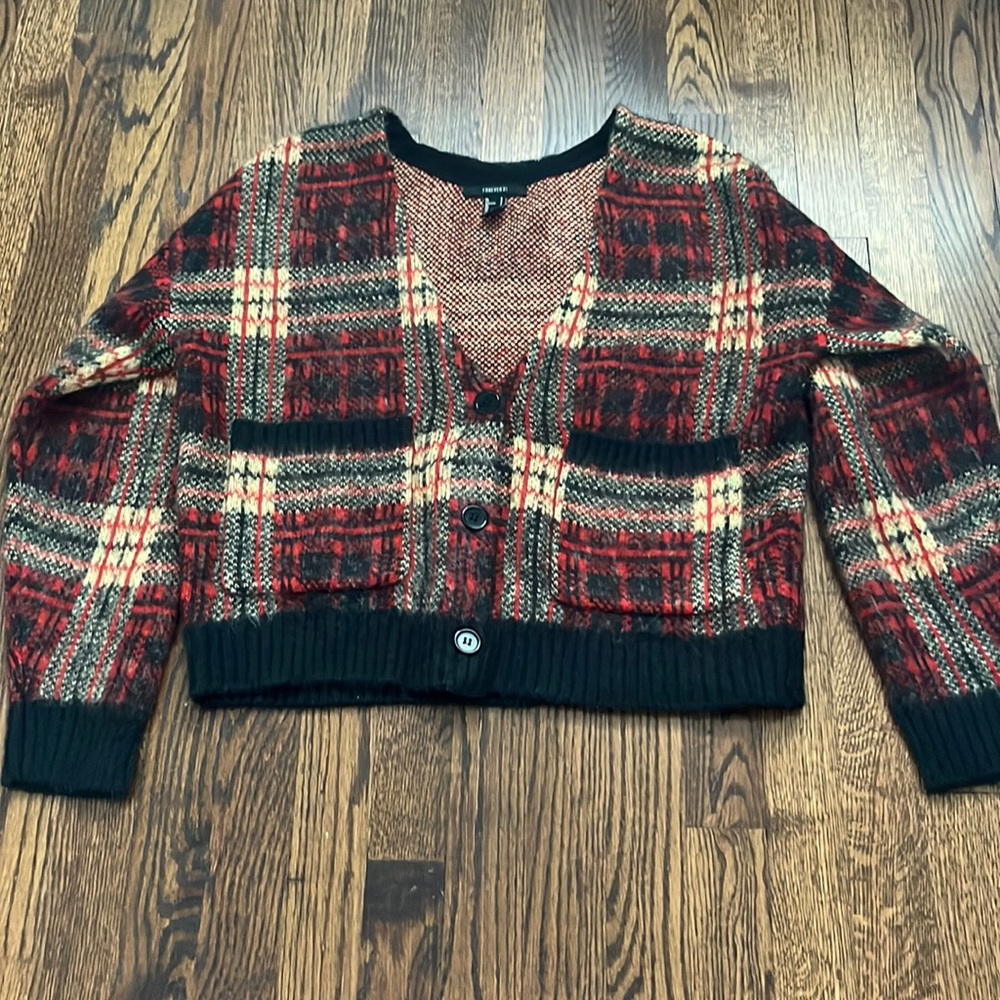 Fuzzy plaid cardigan size small with v neck - fits to waist